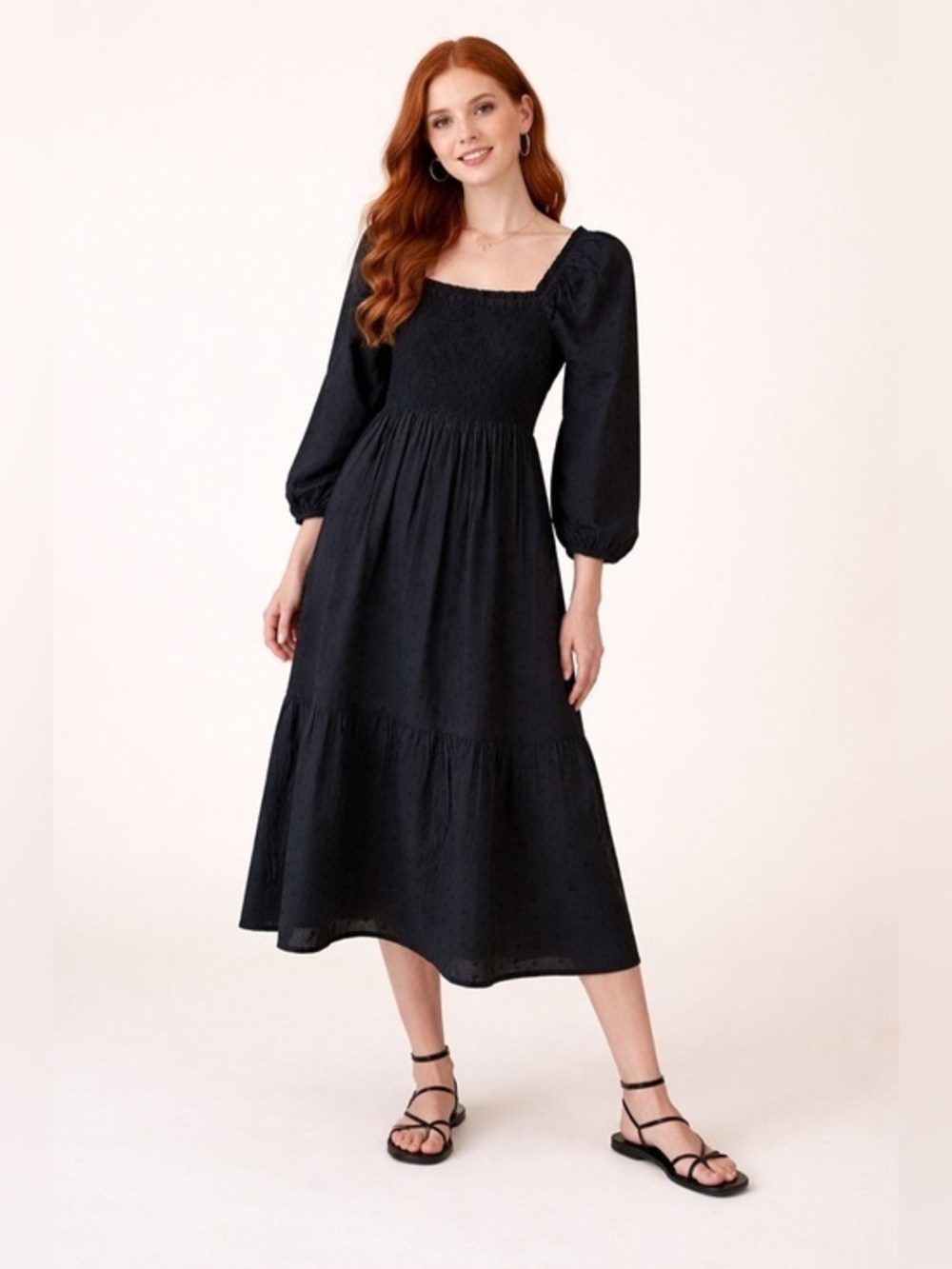 Downeast Black Smocked Floral Embroidered Back Button Maxi Dress